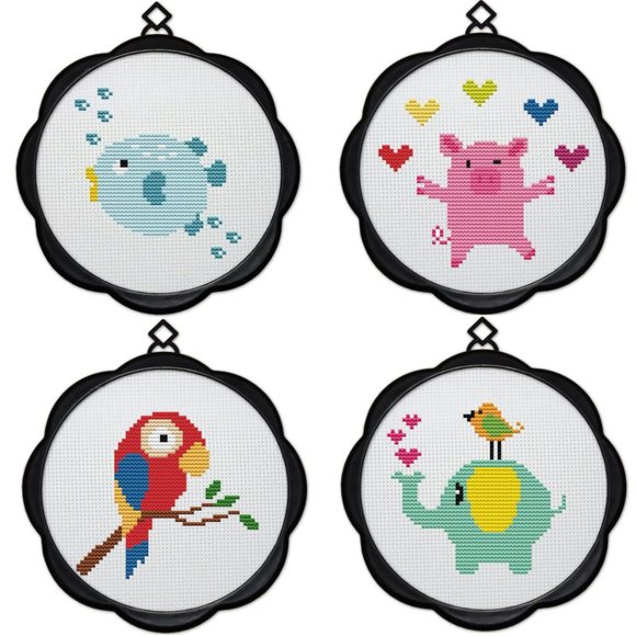 Fish Pig Parrot Elephant & Bird Maydear Stamped Cross Stitch Kit for Beginners - Picture 1 of 8